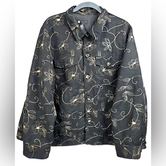 Carole Little Women’s 1X Black Floral Embroidered 100% Silk Jacket Button Front - Picture 1 of 6